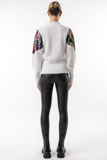 Mock Neck White Knit Jumper with Sequin Shoulder ANGELEYE